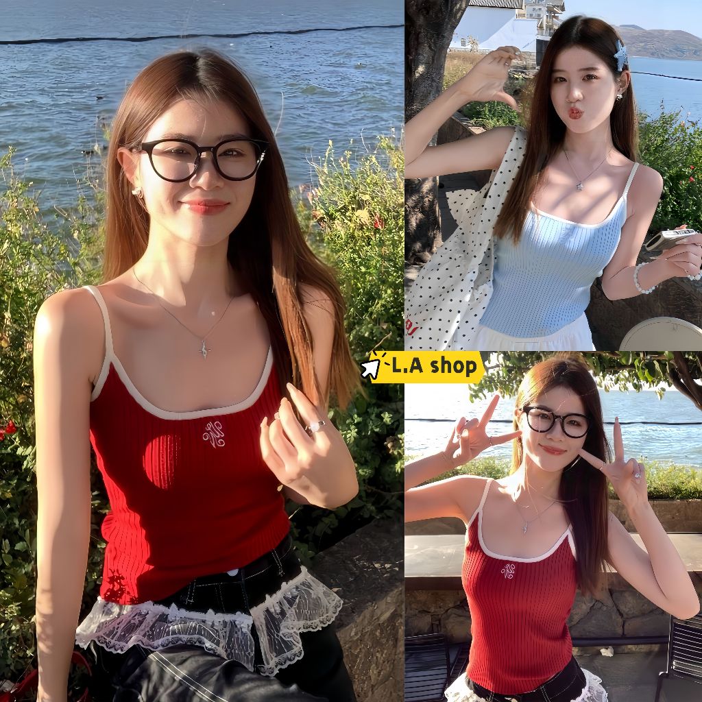 สีสดใสมินิมอลสไตล์ ผ้าร่องปักตัวอักษร สายเดี่ยว"Y9911" L.A Shop★สไตล์ใหม่★