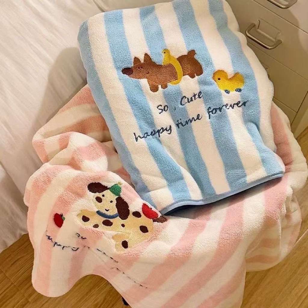 พร้อมส่ง ผ้าเช็คตัวลายน้อนหมาสุดฮิต ลายทาง ผืนใหญ่ ซับน้ำดี