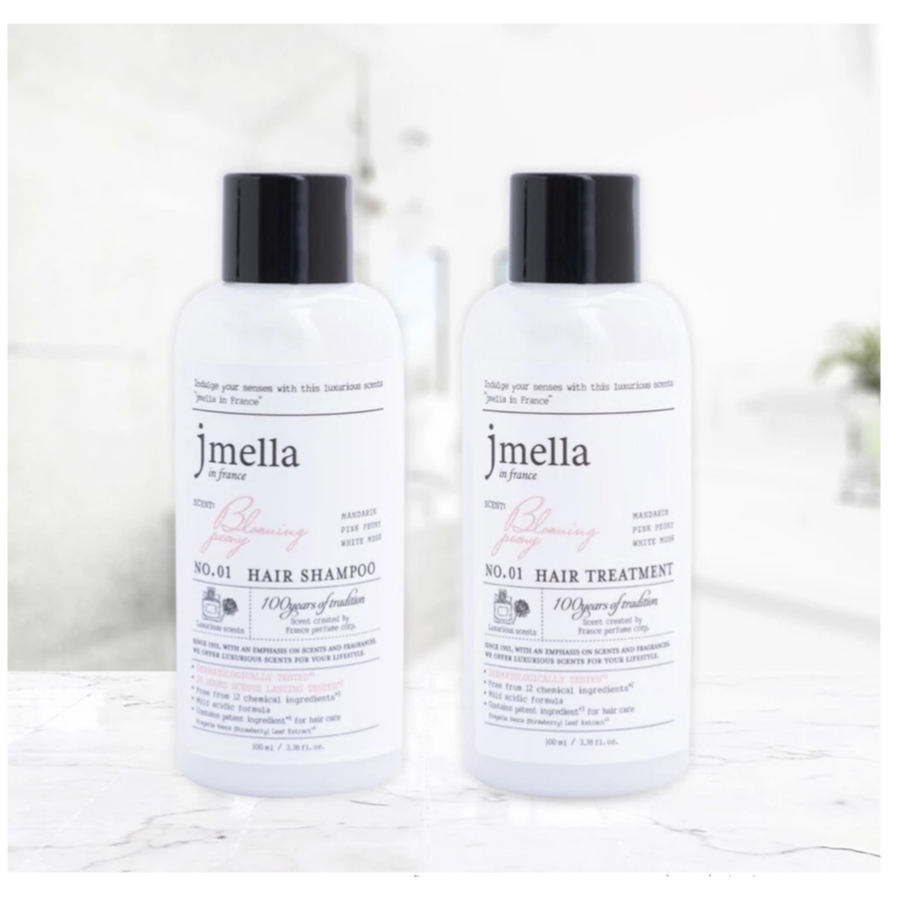 Jmella in france blooming peony hair care set (100ml*2) เจเมล่า อิน ฟรานซ์ แชมพู + ทรีทเมนท์ กลิ่นบลูมมิ่ง พีโอนี 100มล.