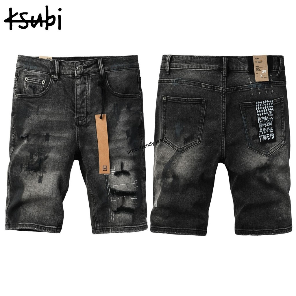 Ksubi กางเกงขาสั้นยีนส์สีดำเทรนด์ผู้ชาย กางเกงขาสั้น Summer Scratch 2007