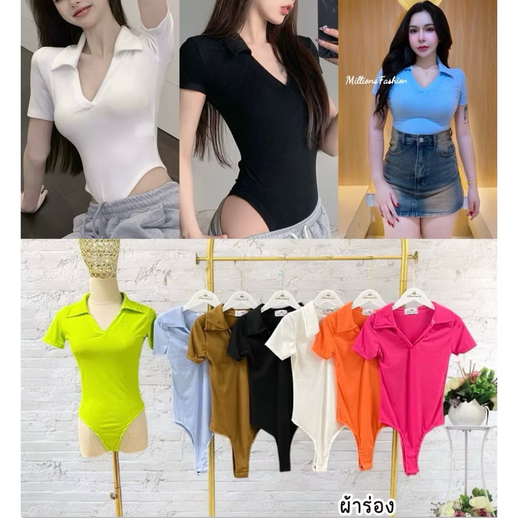 ✨Kaidee99✨ บอดี้สูท คอปก แขนสั้น ผ้าร่อง มีแป๊กเป้า