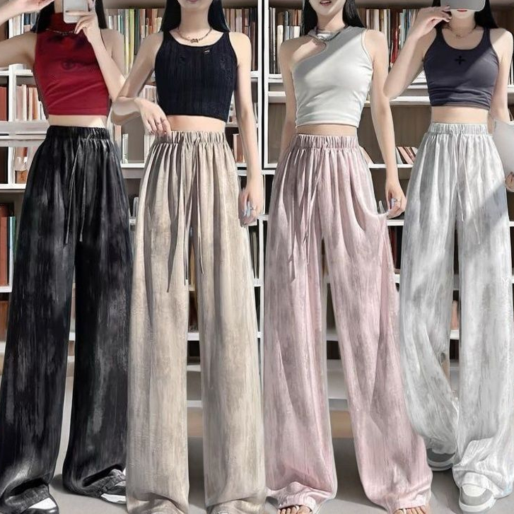 กางเกงลำลองผู้หญิง กางเกงขายาวทรงหลวม ผ้าใส่สบาย เอวสูง มีเชือกผูก 4 สี