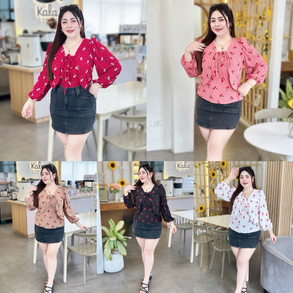 เสื้อสาวอวบ 🍒อก38-46🍒 แขนยาวผูกหน้าได้ สกรีนรูปเชอรี่น่ารัก แขนพองพรางหุ่น ใส่สบาย  (A103)