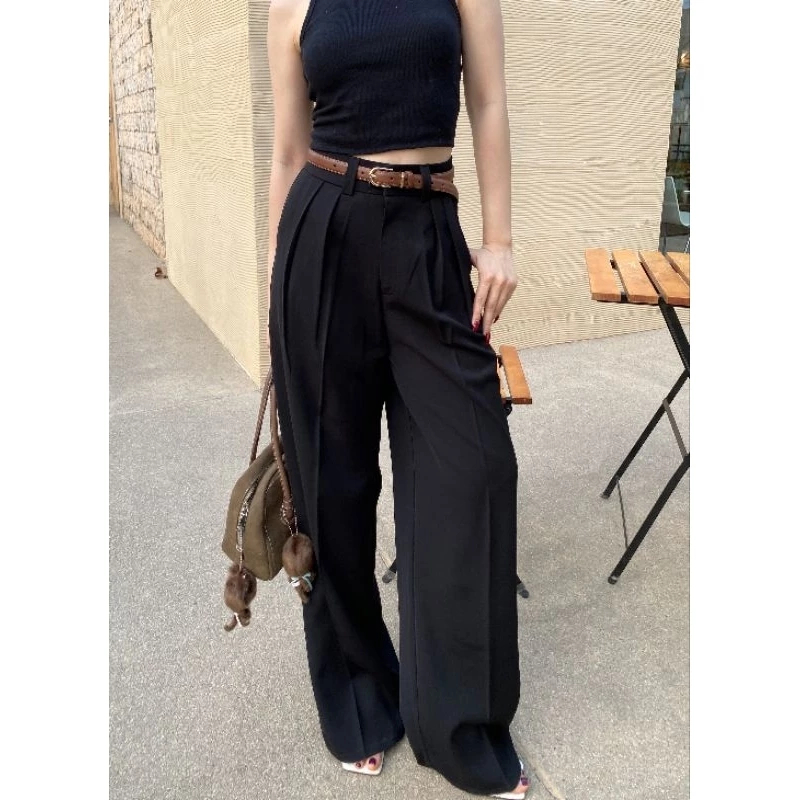 ใหม่! กางเกงขากระบอกใหญ่ผ้าลิลลี่ สีดำ  LILLY PANTS  จาก Minimint.Pants Size L