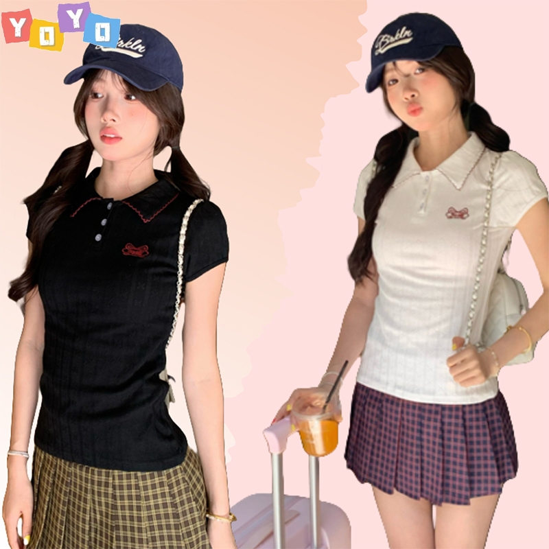 YOYO พร้อมส่ง🌈เสื้อคอปกกระดุมหน้า🌈เสื้อยืดแขนสั้นคอปก ผ้านิ่ม สไตล์เกาหลี สีขาว  ทรงเข้ารูป สไตล์วิทยาลัยสำหรับผู้หญิง
