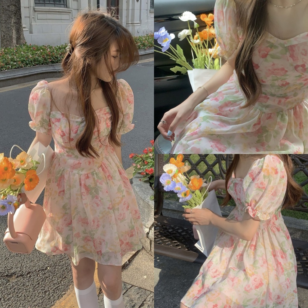 Blossom Closet🌷เดรสลายดอกไม้สีชมพู แขนพอง คอเหลี่ยม เอว ทรงสั้น สไตล์ลำลอง