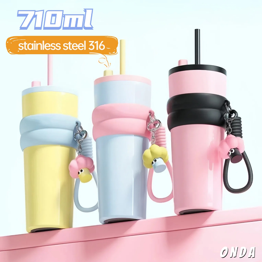 【ONDA】710ML แก้วน้ำสูญญากาศเก็บอุณหภูมิ พร้อมหูจับพกพาและหลอด ดื่มง่าย 316 สแตนเลส
