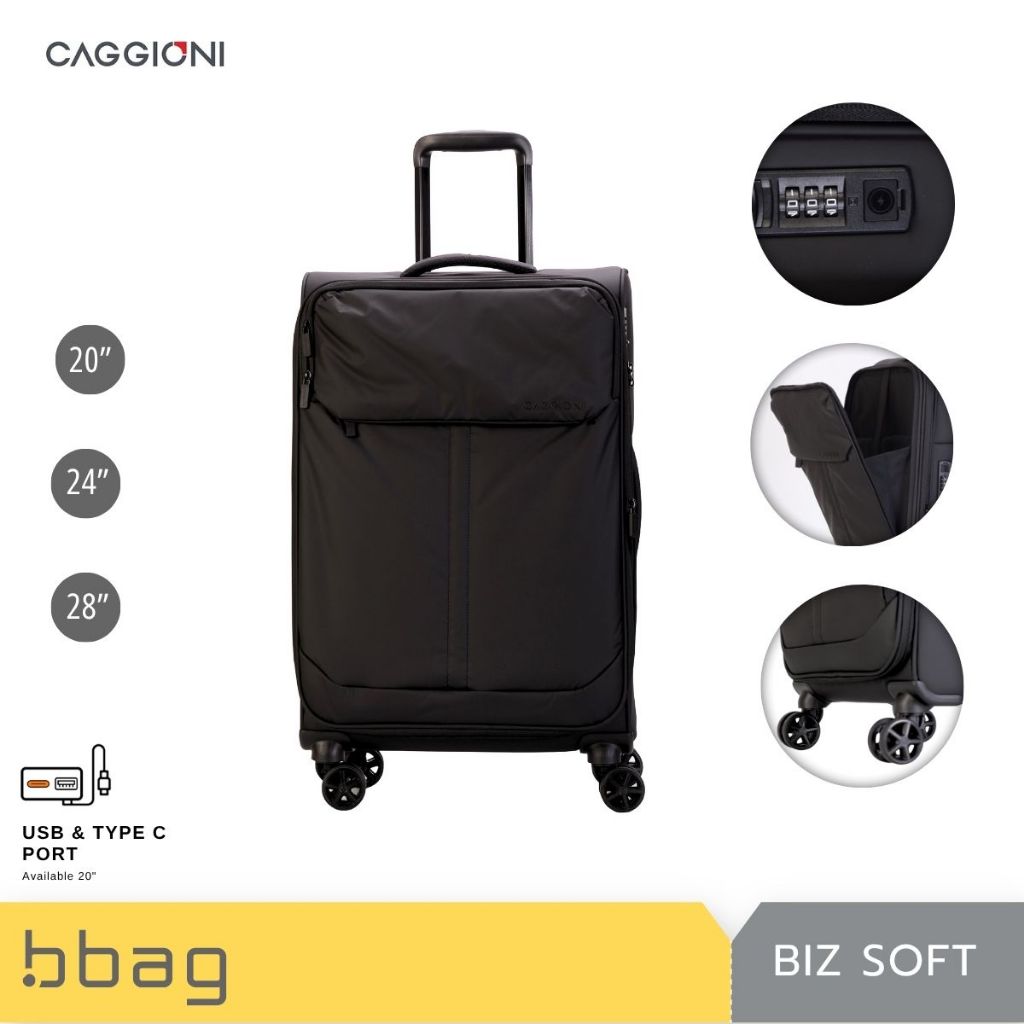 Caggioni กระเป๋าเดินทางผ้า 19/24/28 นิ้ว รุ่น Bizsoft 25031 เปิดฝาหน้า ช่อง Laptop 15.6″ ซิปขยาย TSA Lock [สีดำ]