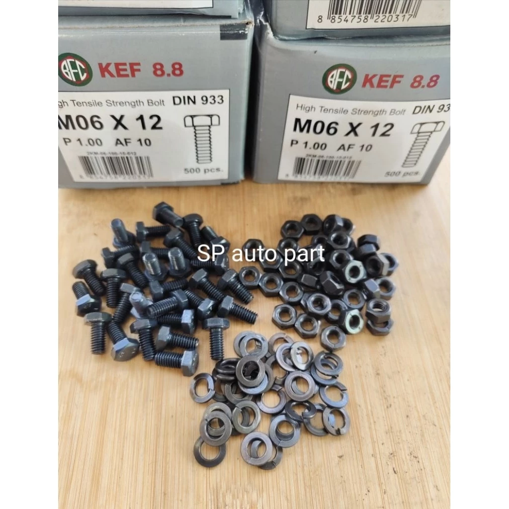 น็อตมิลดำน็อตขันใบตัดหญ้าขนาดความยาว 6×12มิลเมตรค่าความแข็ง 8.8พร้อมตัวเมียและแหวนสปริง