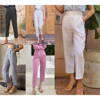 [เฉพาะกางเกง] PLOWBRANDS PC0001 กางเกงเอวสูงผ้าลินินแท้ ขอบเ…