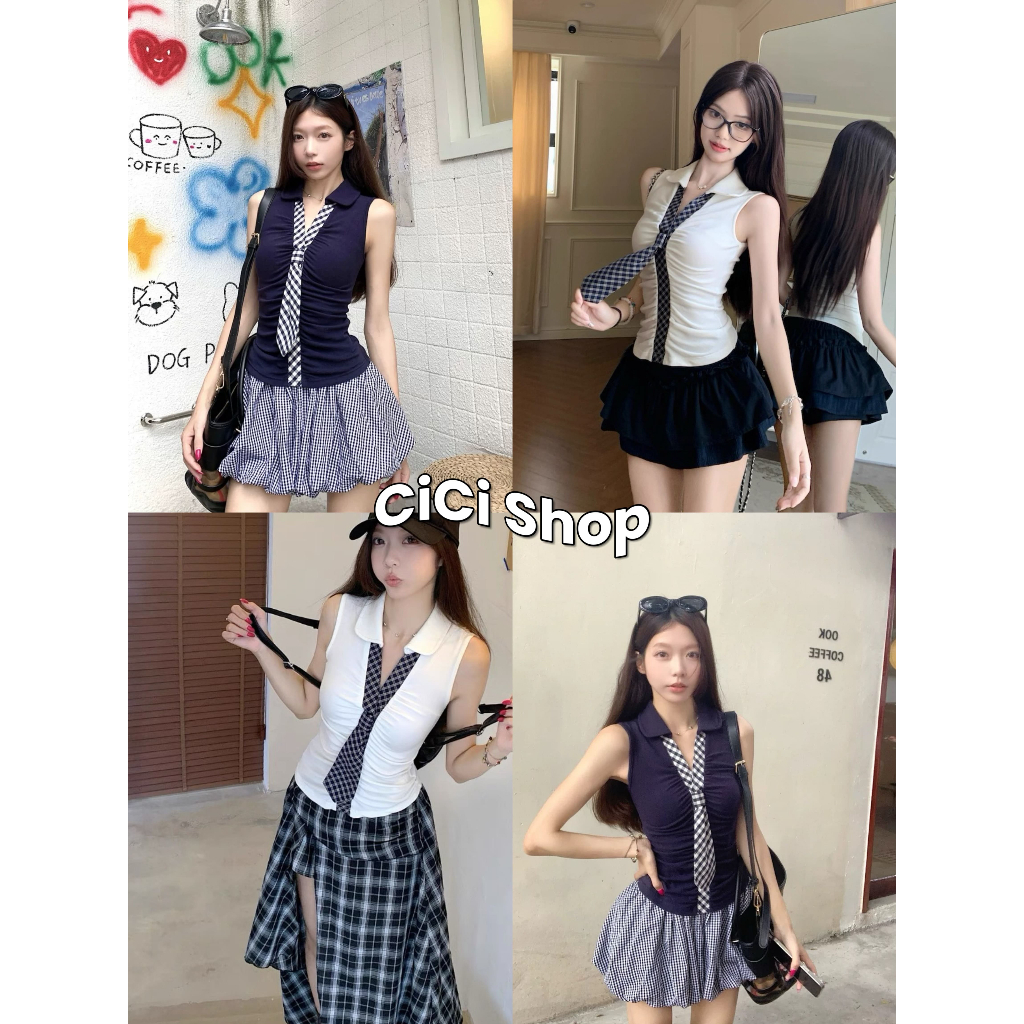 Cicishop(Y6327)เสื้อแขนกุด คอปก ดีเทลแต่งเนคไทลายสก็อต จั้มอก เข้าทรงผ้ายืด สไตล์นักเรียนเกาหลี