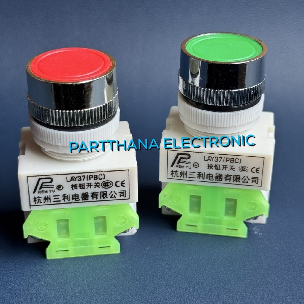 LAY37 PBC Y090 กดติด-ปล่อยดับ หัวเรียบ ไม่มีไฟ 1N0 1NCแดง  เขียว พร้อมส่งในไทย🇹🇭🇹🇭