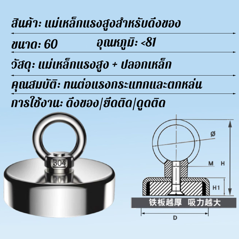 แม่เหล็กแรงดูดสูง 400 กก. แม่เหล็กกอบกู้ แม่เหล็กตกปลา ฟรีเชือก 20 เมตร/ห่วงแขวน 304 แม่เหล็กเก็บของ - รูปที่ 7