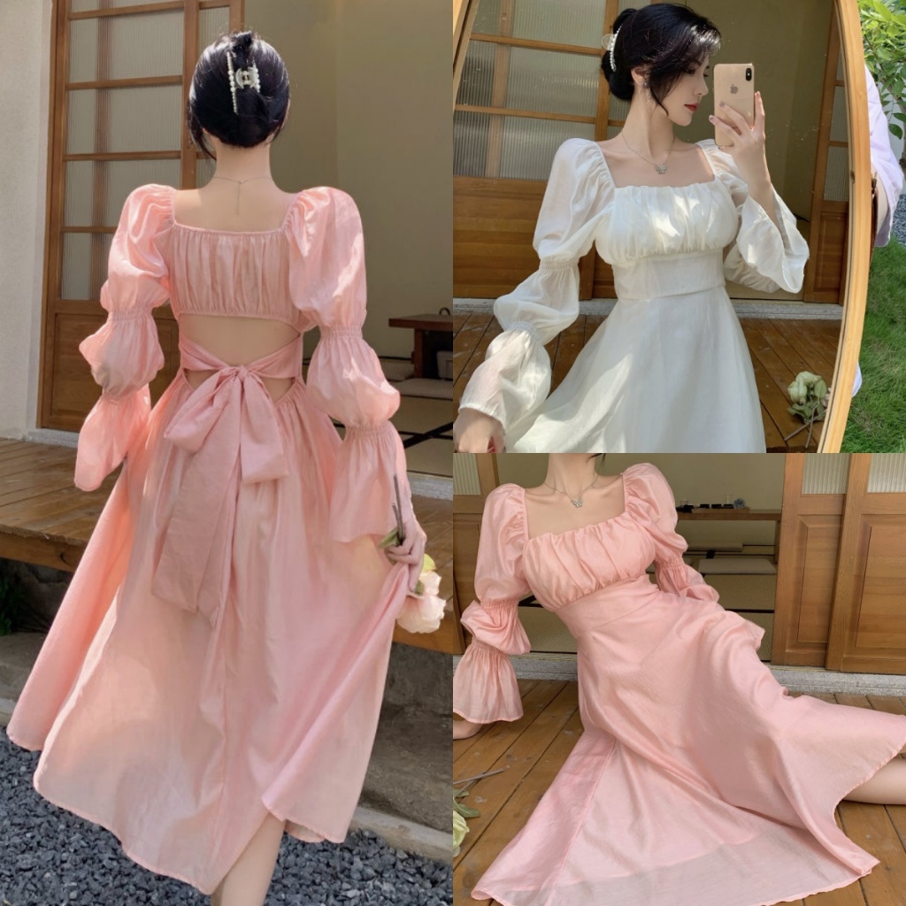 Blossom Closet🌸ชุดเดรสฝรั่งเศสแขนพอง ผูกโบว์ด้านหลัง กระโปรงยาว ทรงสวย เรียบหรู