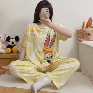 ชุดนอนแขนสั้น ลาย ชุดนอนลายกาตูน ชุดนอนพิมพ์ลายการ์ตูน เสื้อยืดคอกลม+กางเกง BE