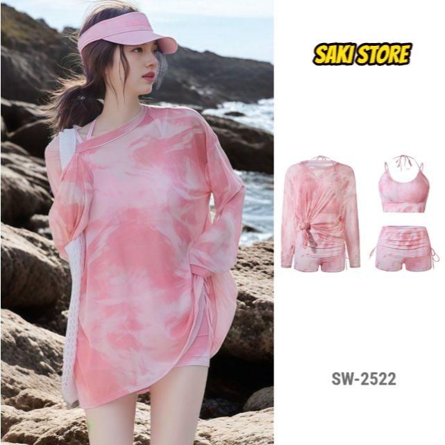 Saki Swimwear ชุดว่ายน้ำใหม่สำหรับผู้หญิง รุ่น SW-2522 เสื้อกันแดดแขนยาว+บิกินี่+กางเกง ชุดว่ายน้ำเซ็ต 3 ชิ้น