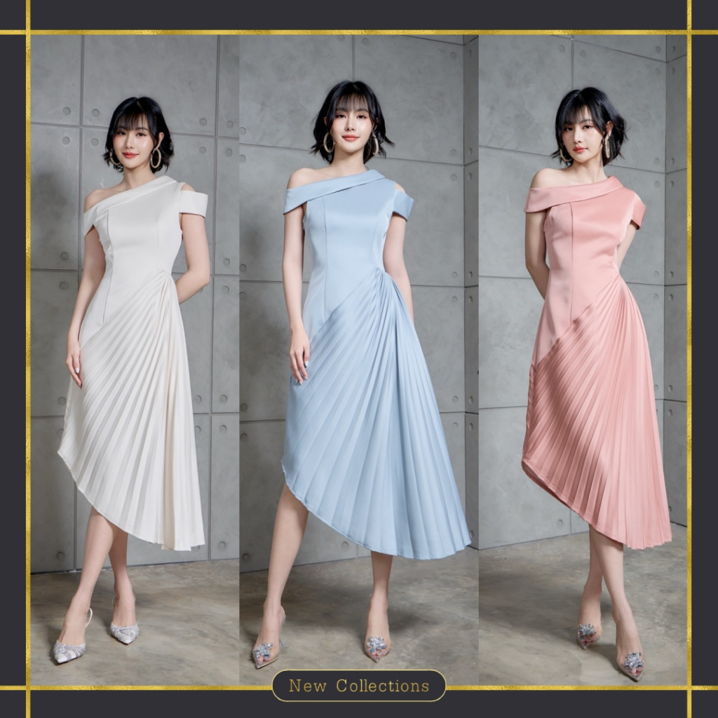 S-XL เดรสออกงาน เดรสพลีท งานป้าย CATWALK เดรสทำงาน เดรสปาดไหล่ ชุดวันแม่ เดรสสีฟ้า เดรสขาว เดรสชมพู