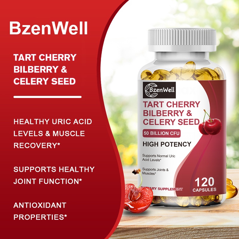 BzenWell 2-IN-1 COMPLEX Tart Cherry Bilberry & Celery Seed Capsules กรดยูริกขั้นสูงทำความสะอาดยาต้านอนุมูลอิสระสนับสนุนก
