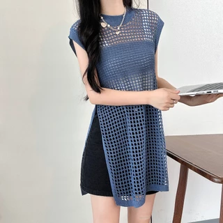 เสื้อแขนกุดแบบยาวผ้าไหมพรม เนื้อผ้านุ่ม ใส่สบาย ชุดเดรสตาข่าย ชุดใส่เที่ยวชุดใส่เที่ยวทะเล