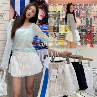 Gang_jeans#2382(K)กระโปรงลูกไม้ ลายฉลุ แต่งกระดุม เอวฟรีไซส์
