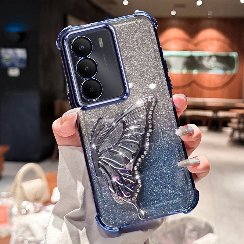 เคส กริตเตอร์ หรูหรา สำหรับ Realme C71 C85 C75 Note70 เคส กันกระแทกมุม กันกล้อง ผีเสื้อ น่ารัก ตั้งได้