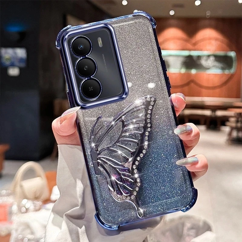 เคส กริตเตอร์ หรูหรา สำหรับ Realme C71 C85 C75 Note70 เคส กันกระแทกมุม กันกล้อง ผีเสื้อ น่ารัก ตั้งได้