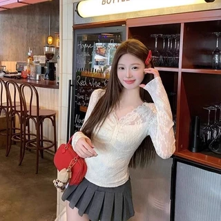 [Sheing office]🌟พร้อมส่ง🌟เสื้อเชิ้ตผู้หญิงคอวีแขนยาวลูกไม้เข้ารูปเซ็กซี่แบบ