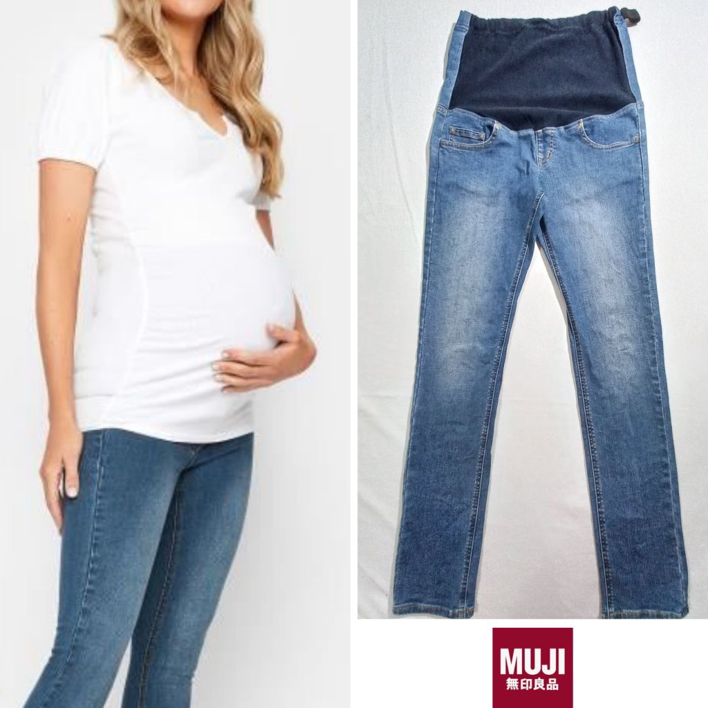Muji 💯 กางเกงยีนส์สำหรับคุณแม่ตั้งครรภ์ ใช้งานน้อย เอวบน26 นิ้วยืดได้ถึง 32 นิ้ว
