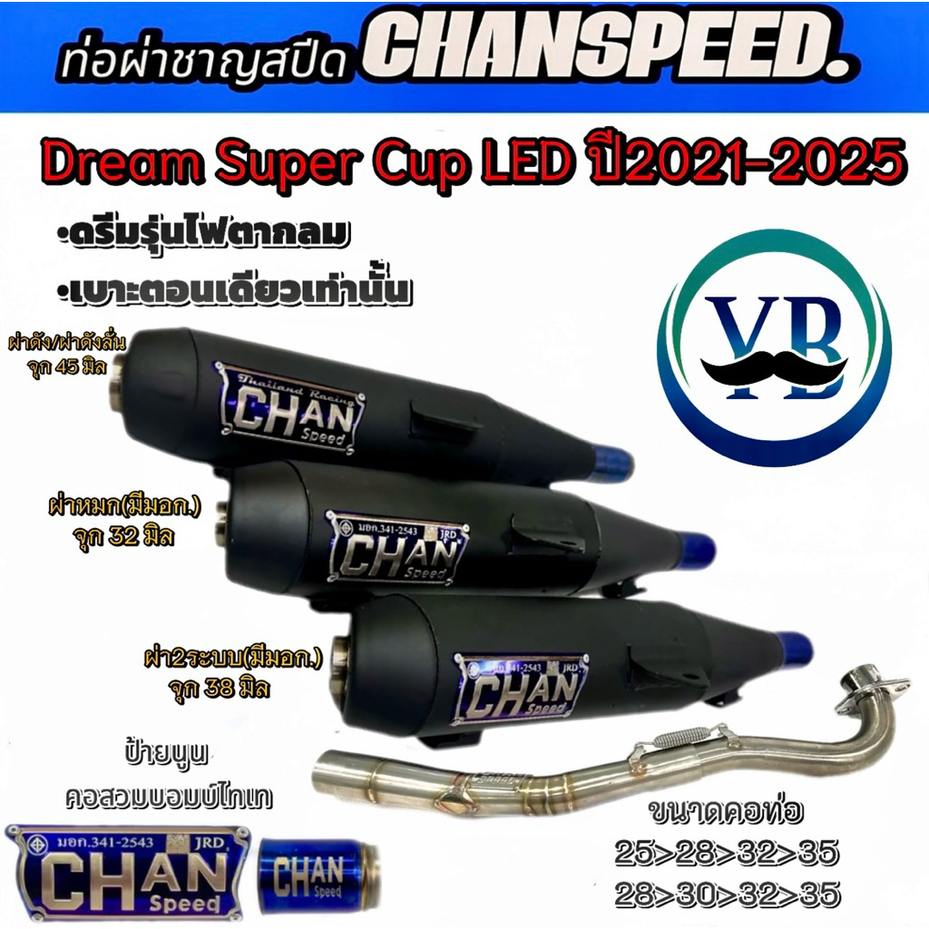 ท่อชาญสปีดDream Super Cup LEDปี2021-2025ดรีมรุ่นไฟตากลม เบาะตอนเดียวเท่านั้น ป้ายนูน  คอสวมบอมไดร์ไทเทChanspeed