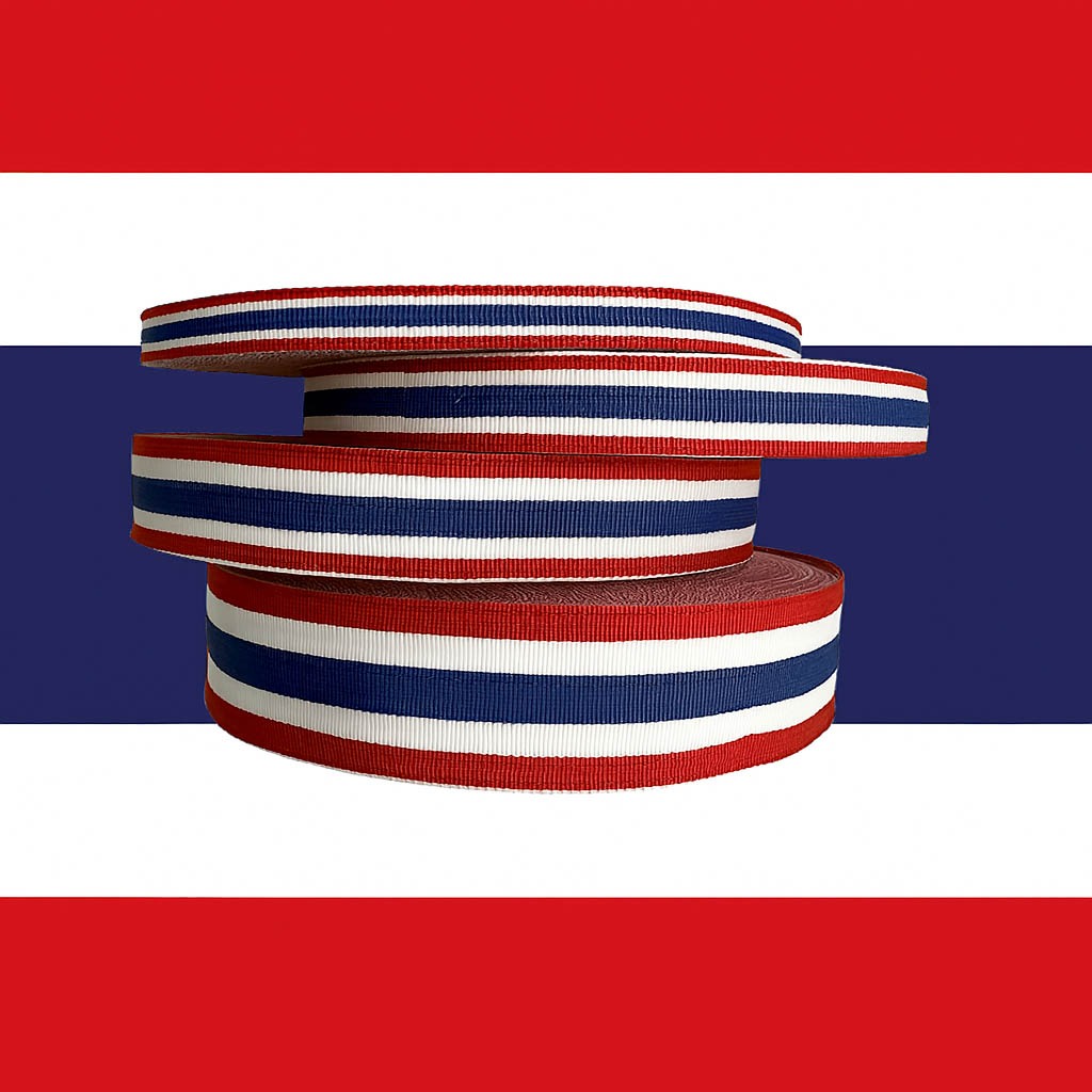 เทป ริบบิ้นผ้าลายธงชาติไทย ribbon พิมพ์ลายธงชาติไทย เทปธงชาติไทย เทปโพลี มี 4 ขนาด หน่วยขายเป็นเมตร