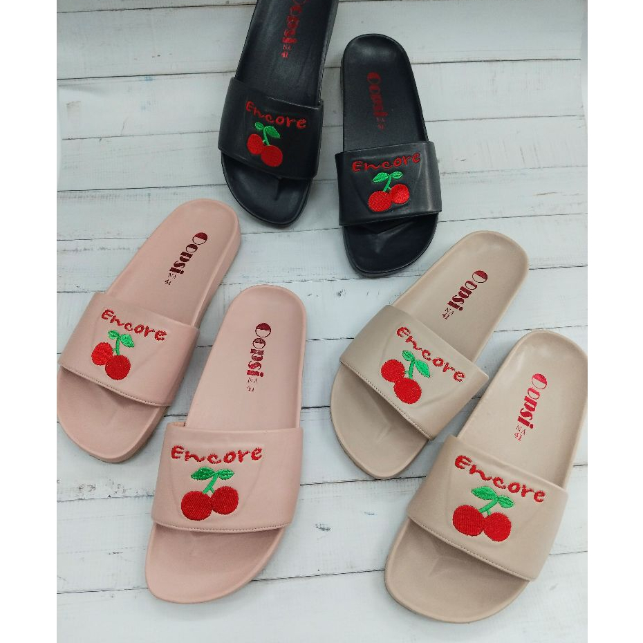 (No.395)รองเท้าแตะไซส์ใหญ่ หน้าแผ่น ปักลายเชอรี่ พื้นนิ่ม ใส่สบาย เบอร์ 41-45