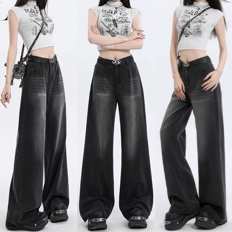 S-5XL Jean Womens Black Baggy Jeans Semi Denim กางเกงยีนส์เอวสูงผ้ายื