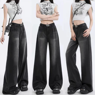 S-5XL Jean Womens Black Baggy Jeans Semi Denim กางเกงยีนส์เอวสูงผ้ายื