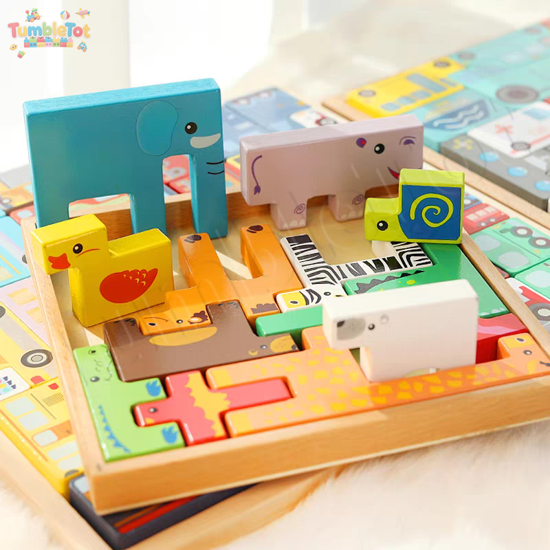 ไม้สัตว์จิ๊กซอว์ของข ของขวัญเด็กคริสต์มาส Tetris Block Puzzle ของเล่นบล็อกการเรียนรู้ ของเล่นเพื่อกา