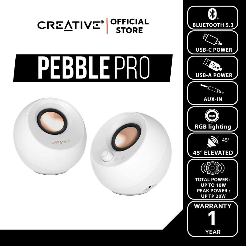 CREATIVE PEBBLE PRO ลำโพง 2.0 บูลทูธ 5.3 USB-C ไฟ RGB สีขาว thumbnail 4