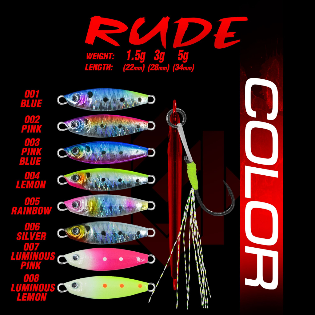 Rude เหยื่อจิ๊กตกปลา ขนาด 1.5, 3 g., 5 g. มี 8 สีให้เลือกแถมฟรีตัวเบ็ดพร้อมใช้ จะชายฝั่งหรือตกกระพง
