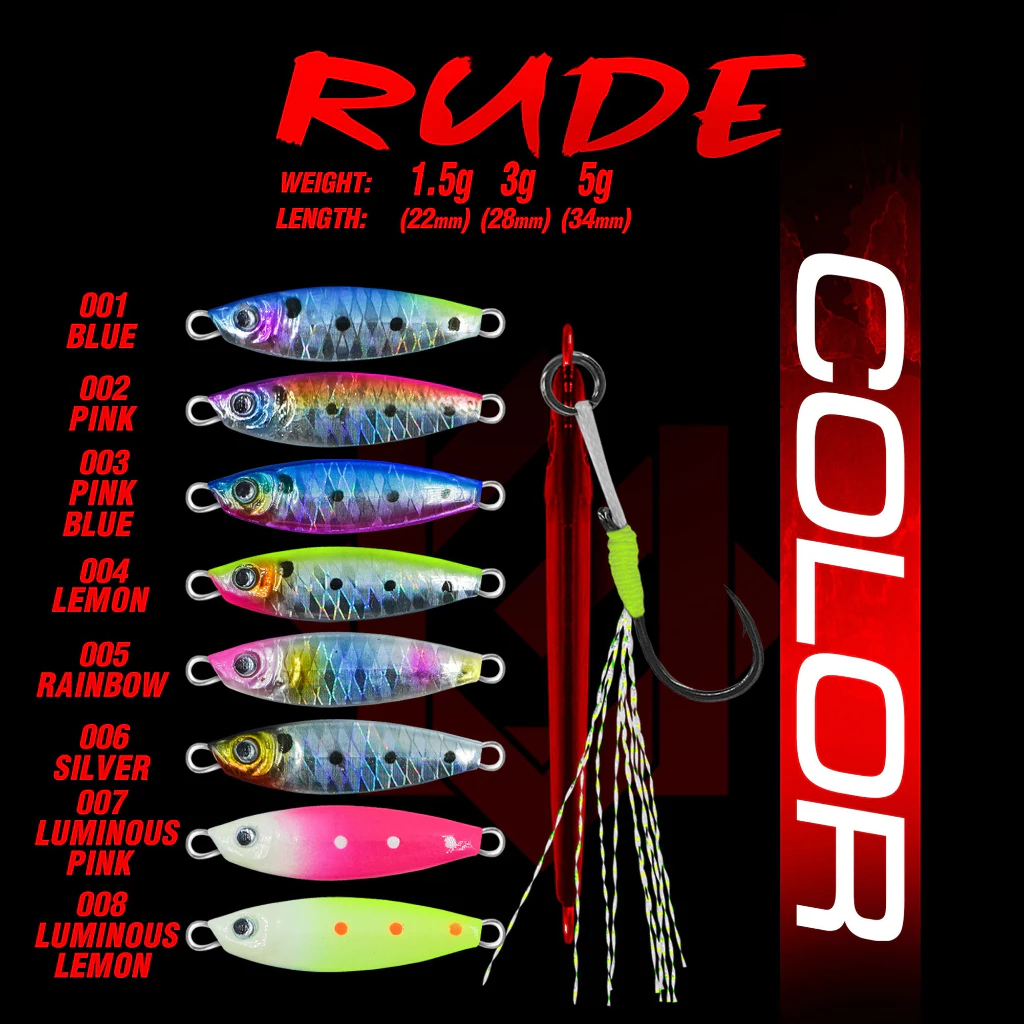 Rude เหยื่อจิ๊กตกปลา ขนาด 1.5, 3 g., 5 g. มี 8 สีให้เลือกแถมฟรีตัวเบ็ดพร้อมใช้ จะชายฝั่งหรือตกกระพง