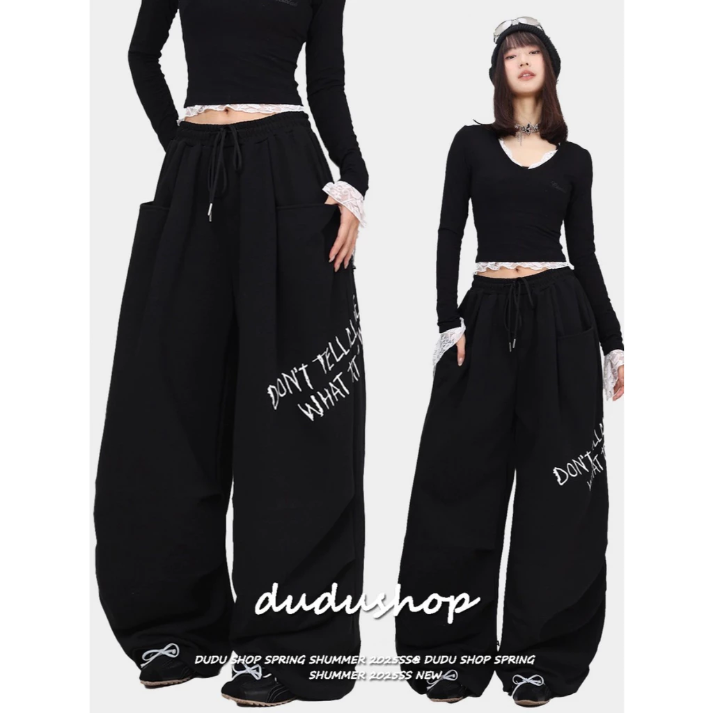 [Summer quick-drying fabric jazz dance wide-leg pants]กางเกงกีฬาขากว้างสตรีทแดนซ์ฤดูร้อนปี 2025 สำหรับผู้หญิง สีดำ