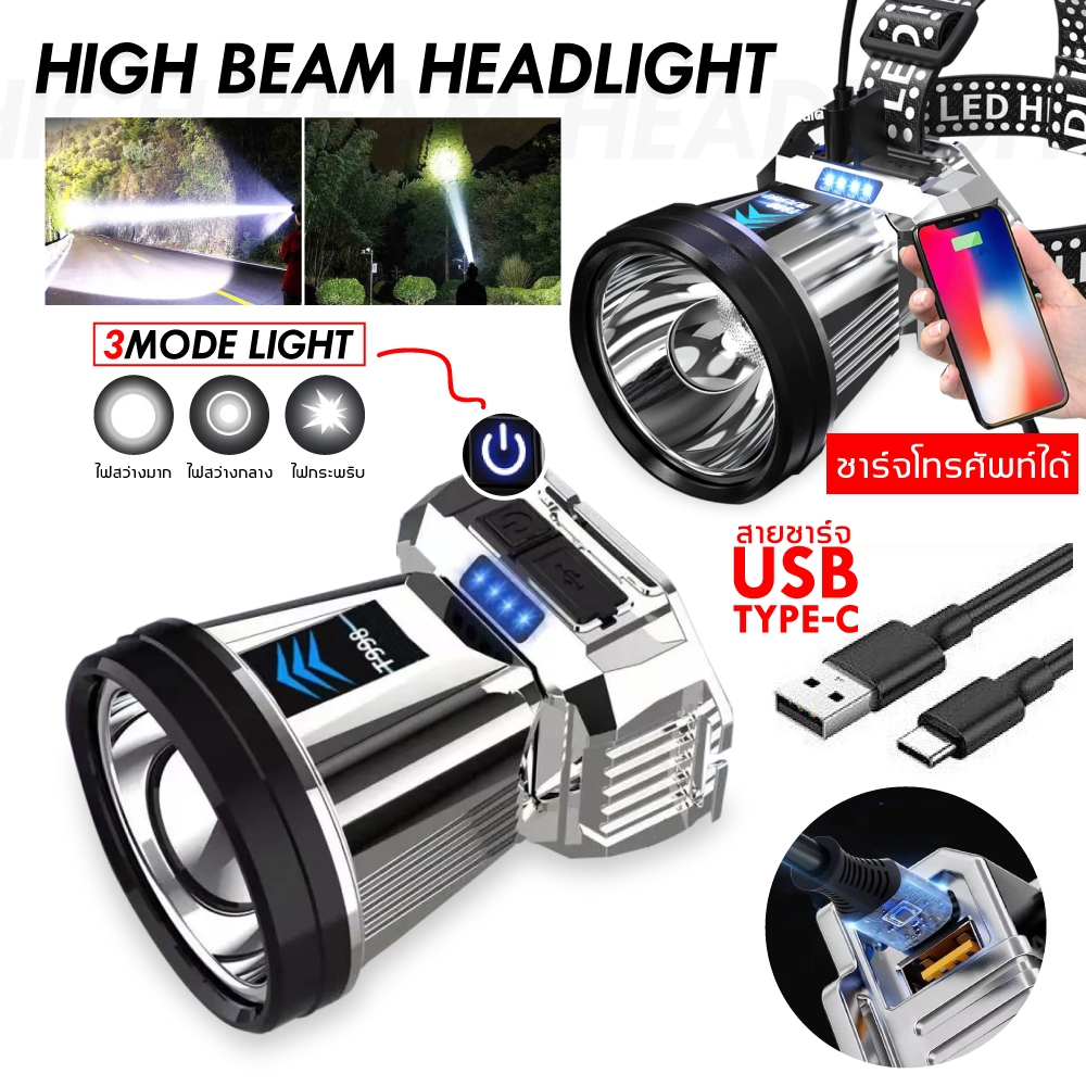 LEDไฟฉายคาดหัว usb แรงสูง กันน้ำไฟคาดหัวแรงสูง ไฟส่องกบ ส่องแสงระยะ ตกปลากลางแจ้ง