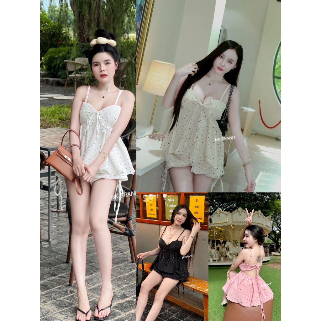 【BK BRAND】 BK 34512 เซ็ตงานสายเดี่ยวผูกโบว์หน้าสายปรับได้ เสริมฟองน้ำ มาพร้อมกางเกงบอลลูน