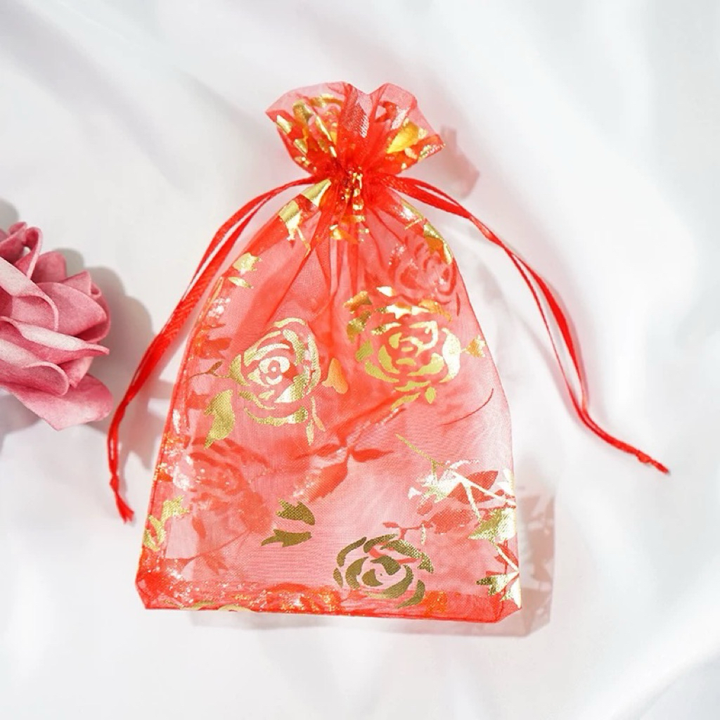 ถุงผ้าแก้ว ถุงแดง ถุงมงคล ถุงใส่ของชำร่วย ขนาด 5x7เซน