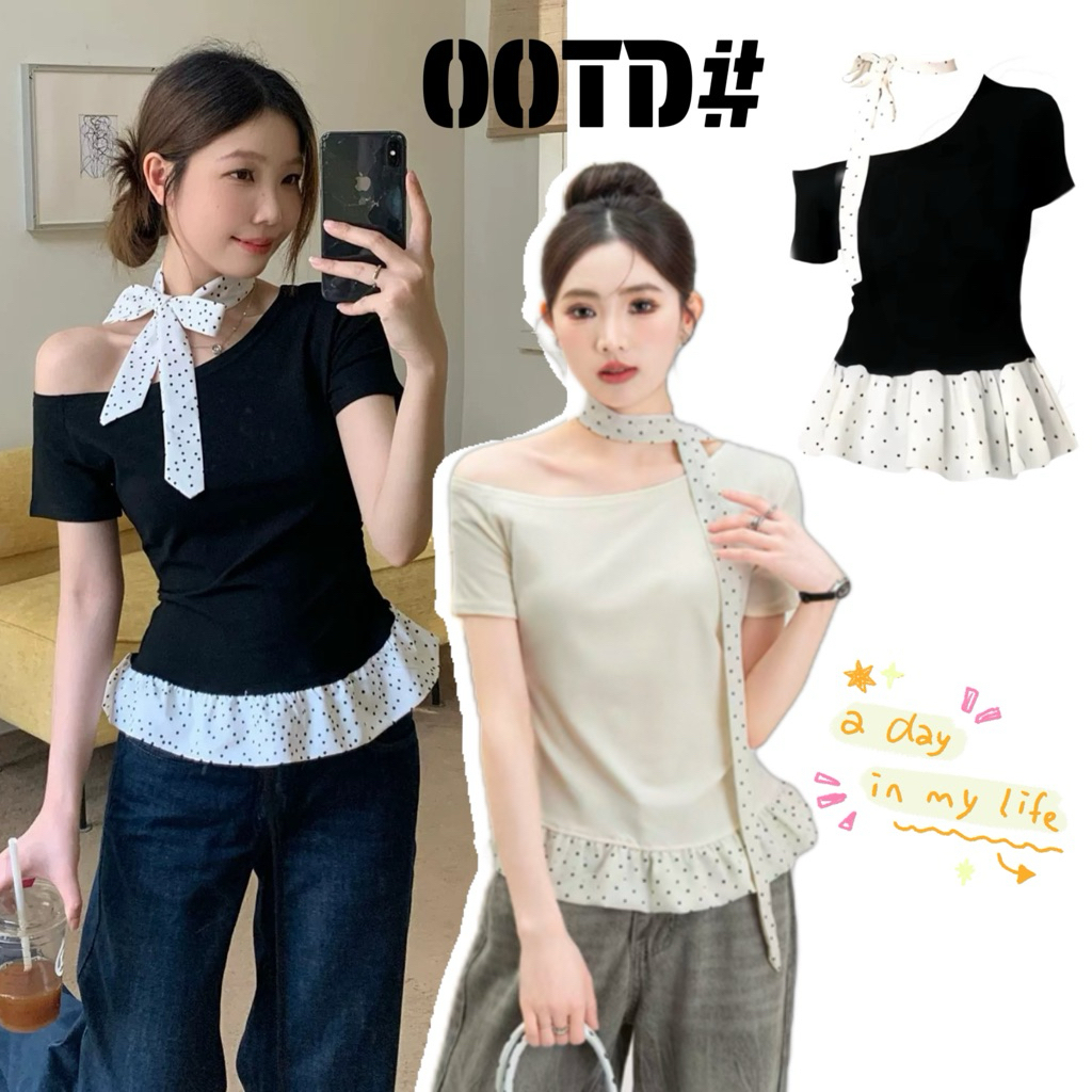 STR พร้อมส่ง💓เสื้อยืดแขนสั้น เปิดไหล่ข้างเดียว เสื้อปาดไหล่ ดีเทลเย็บชายระบาย แถมโช้คเกอร์ ผ้าพันคอลายจุด สไตล์เกาหลี