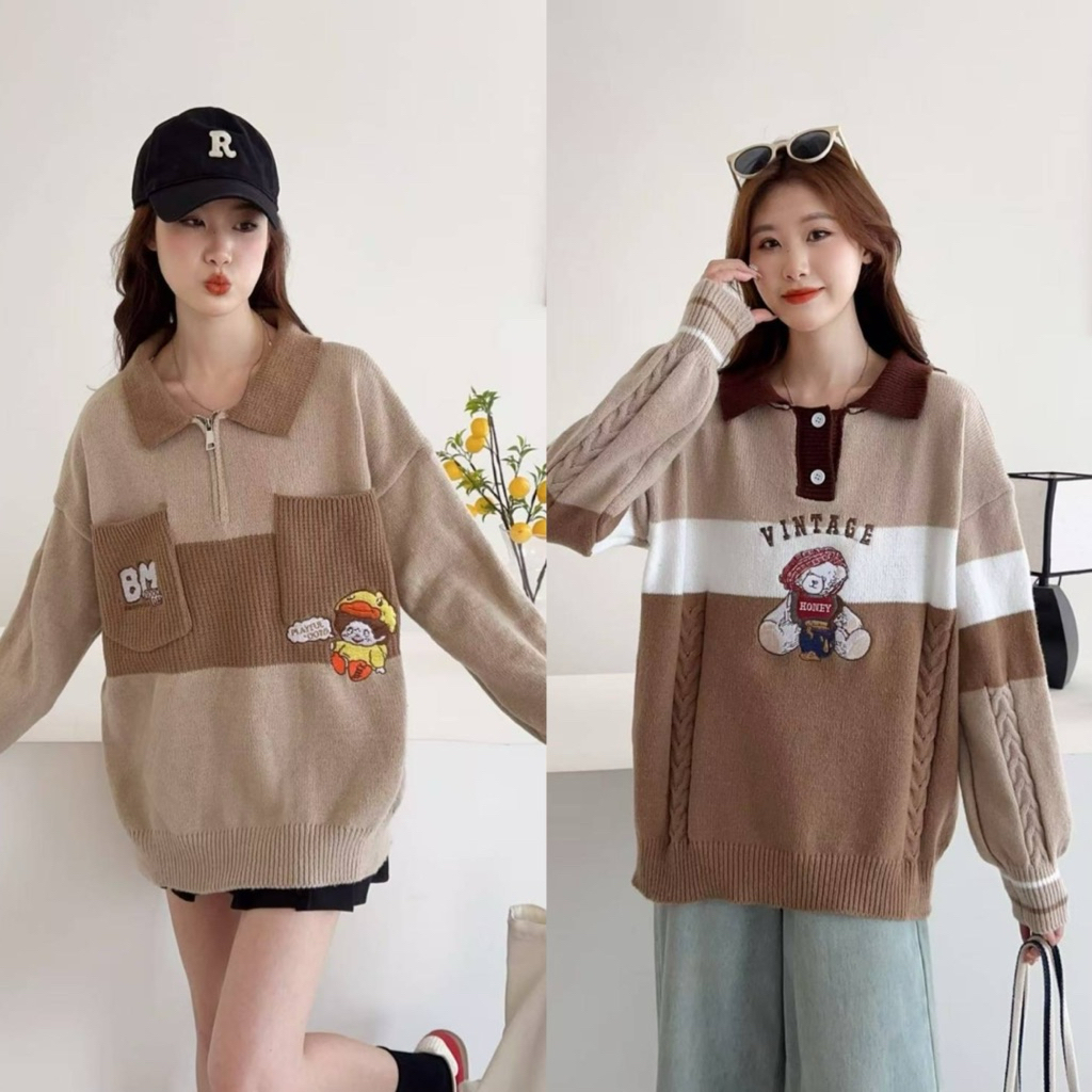 เสื้อคาร์ดิแกนริ้วคอปกน่ารักแต่งงานน้องหมีสไตล์เกาหลีเสื้อกันหนาวน่ารักคอปก