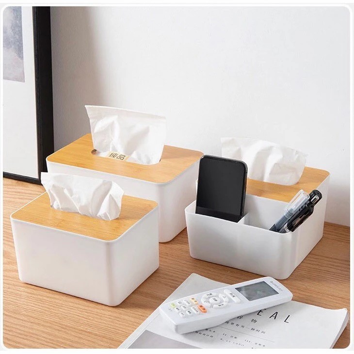 กลม/สี่เหลี่ยม กล่องใส่ทิชชู่ ถาดทิชชู่พร้อมฝาปิด กันฝุ่น ถอดออกได้ กล่องเก็บกระดาษเช็ดมือ ฝาไม้