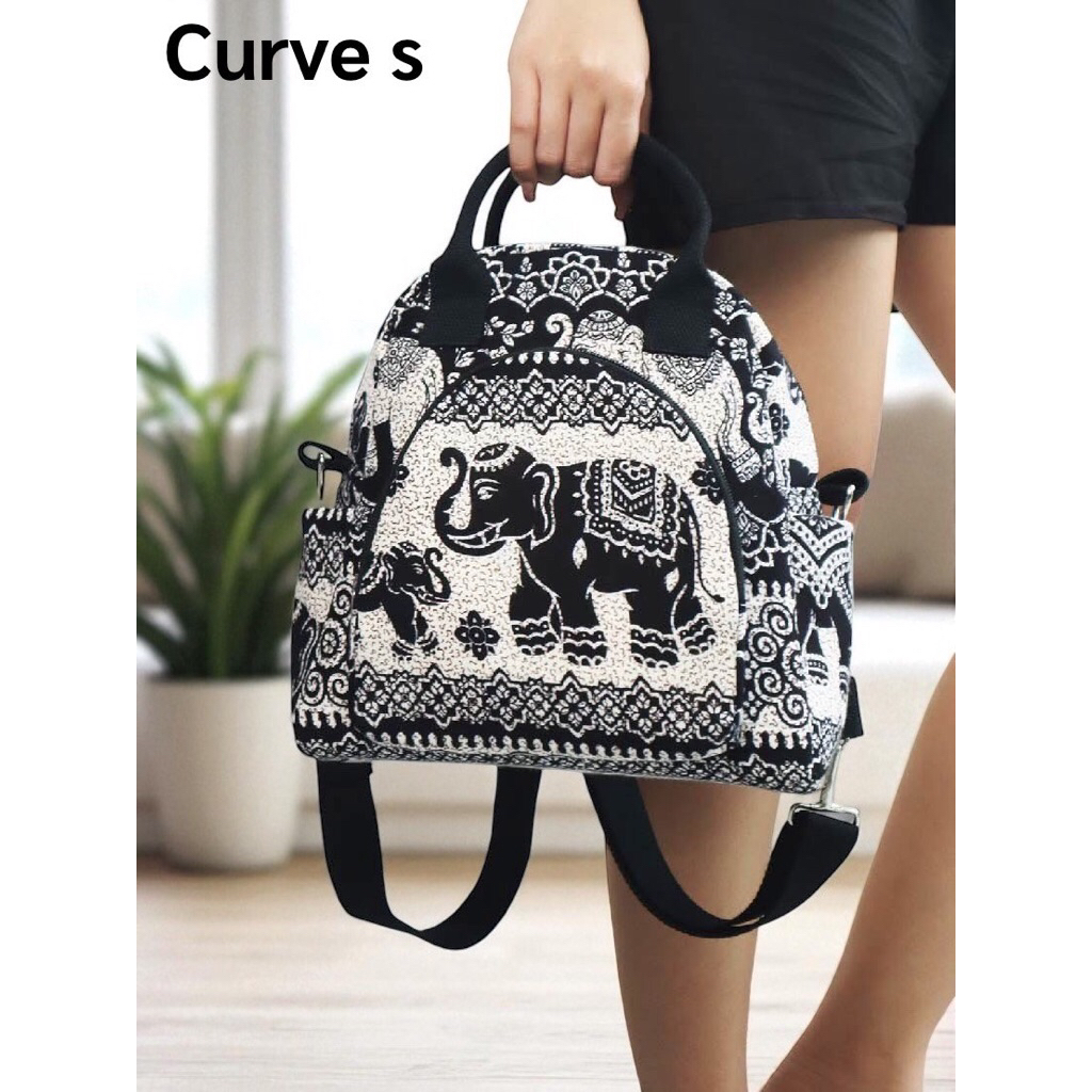 (INTER)กระเป๋าเป้ Curve s ลายช้าง ทรงเท่ๆ กระเป๋าผ้าสปันเรยอน(inter1)