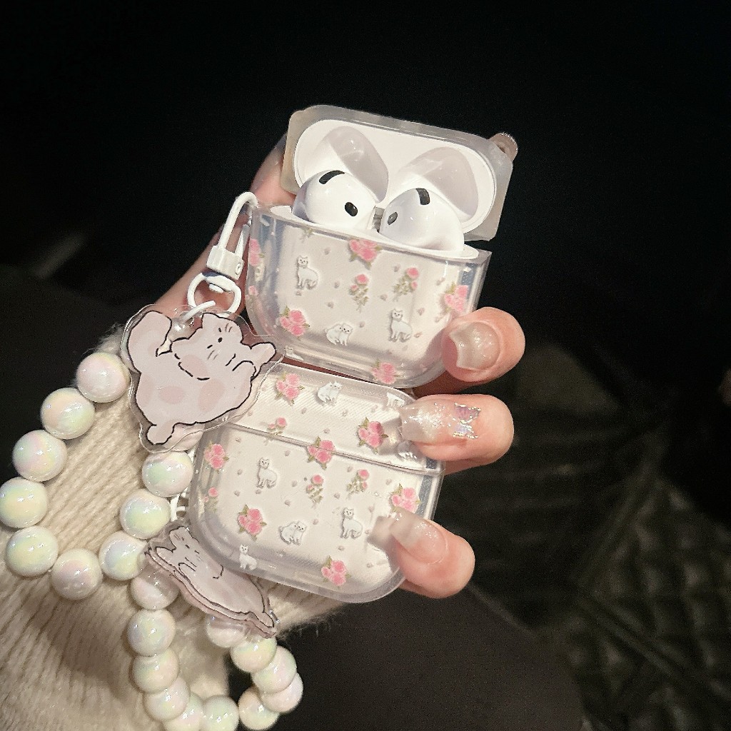 เคสหูฟัง ลาย เเมวดอกไม้ สำหรับเคสAirpods สายห้อย รุ่น Airpods 1/2 pro pro2 gen gen2 gen3 Airpods3 Airpods4