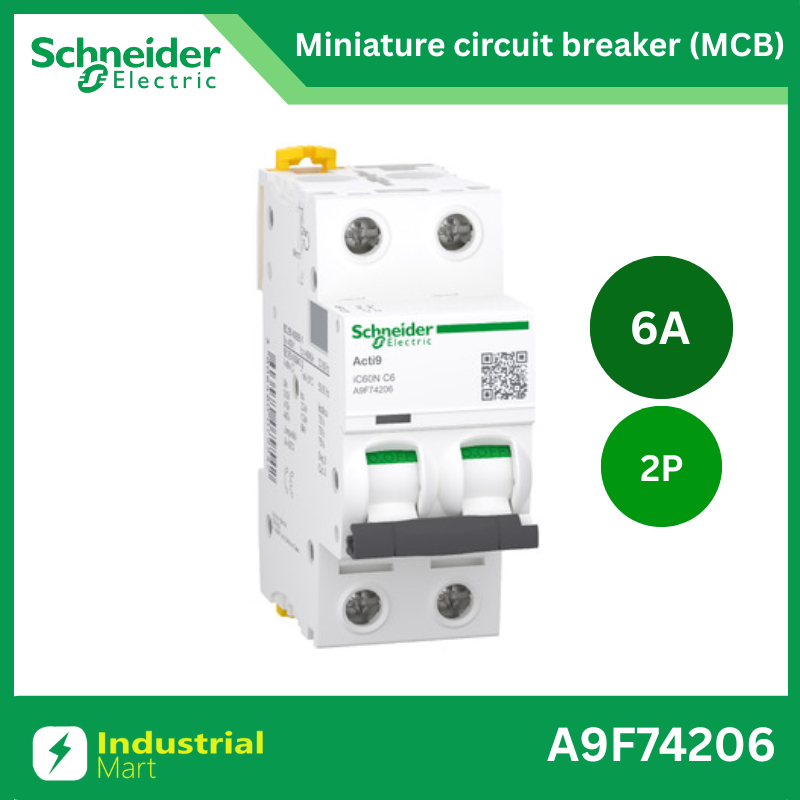 Schneider A9F74206 MCBActi9 iC60N C-Curve,400VAC,2P 6A 10kA