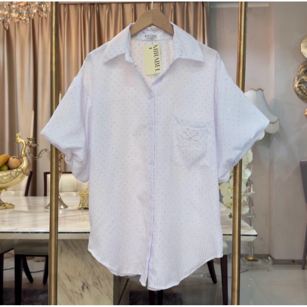 Z21.เสื้อเชิ้ตโอเวอร์ไซส์ แขนบอลลูน ปักเป๋าโบว์ผ้าใส่สบาย อก50” - รูปที่ 2