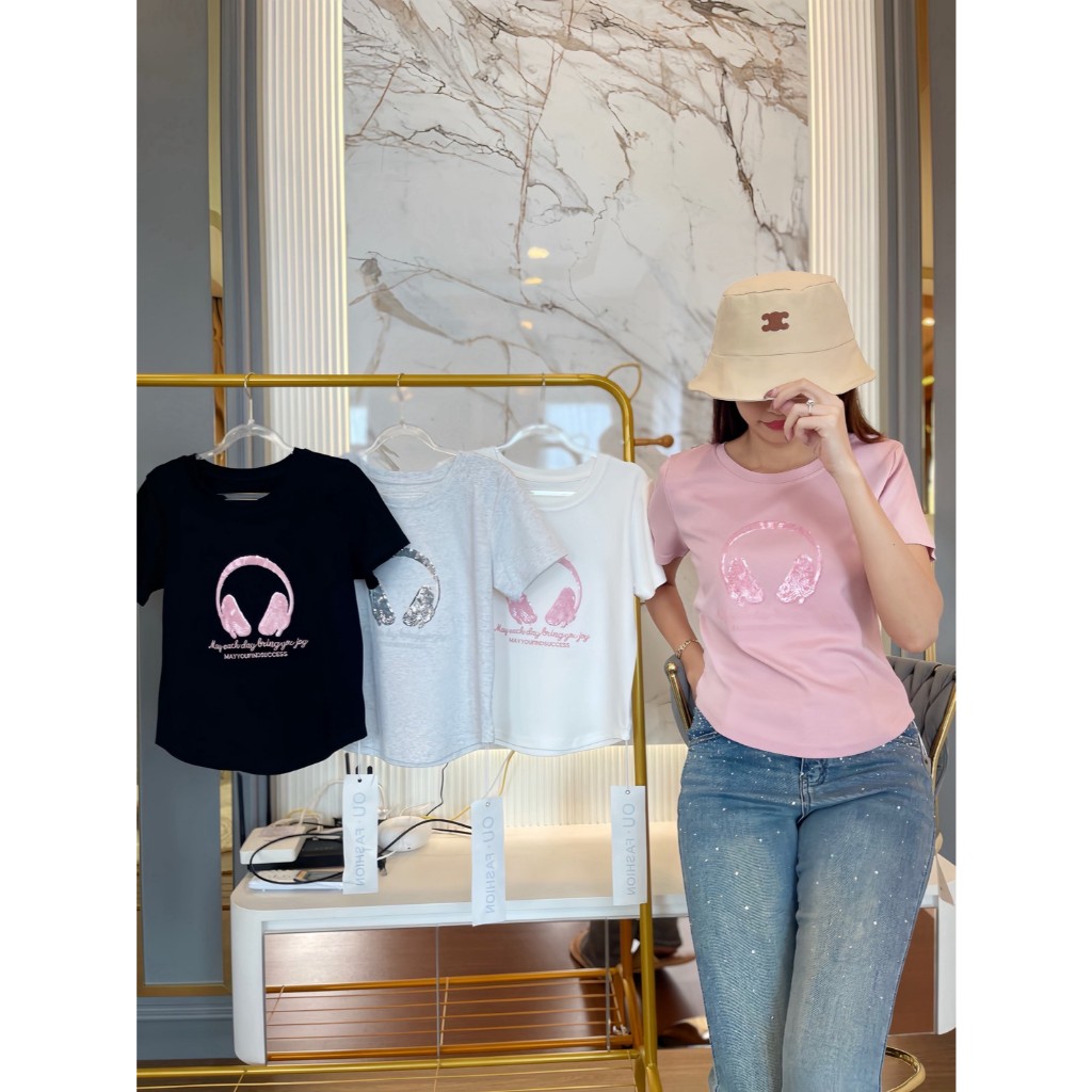 เสื้อยืด งานปัก แต่งเพชร หูฟังเล็ก-H88