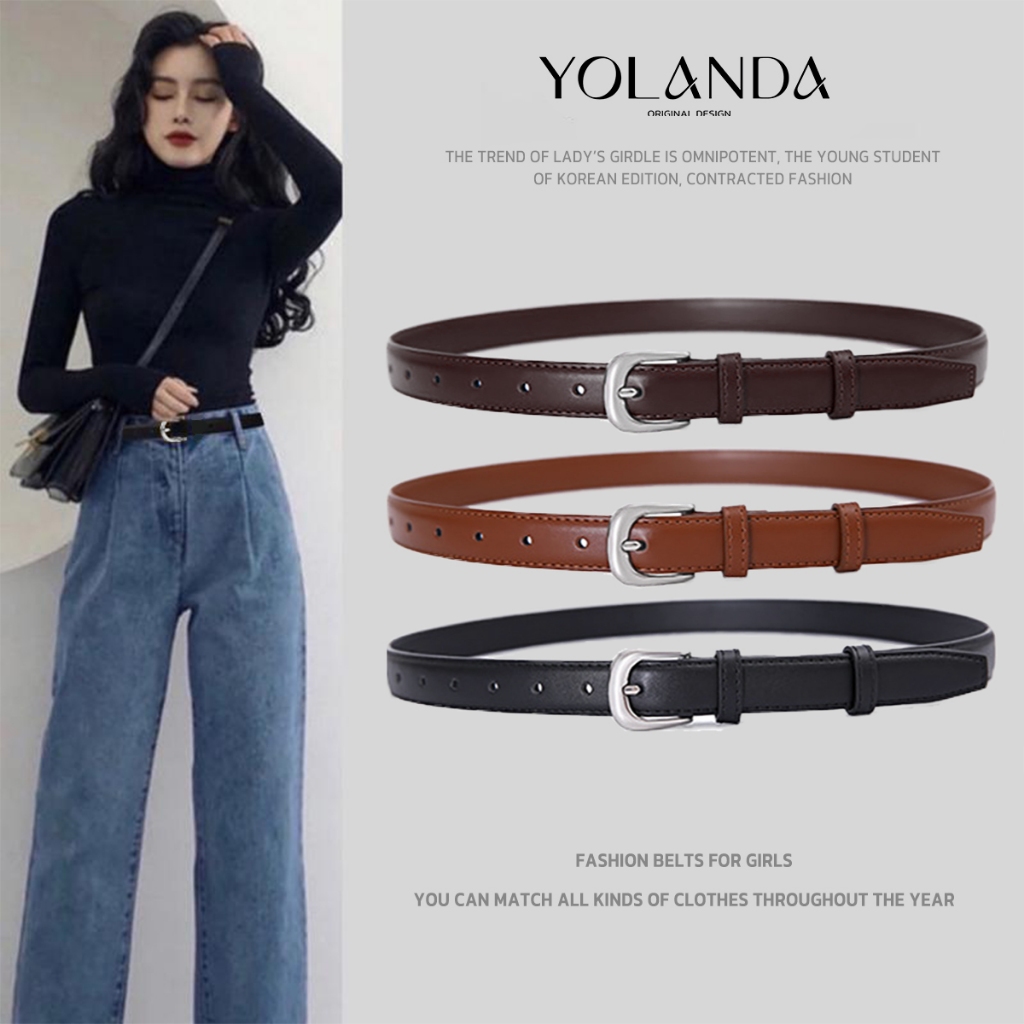 Yolanda Belt for Lady ดีไซน์เกาหลี เข็มขัดหนัง PU เส้นเล็ก เรียบหรู หัวเข็มขัดสีเงิน ดูดีแบบมีคลาส ใช้ได้ทุกวัน FF1601